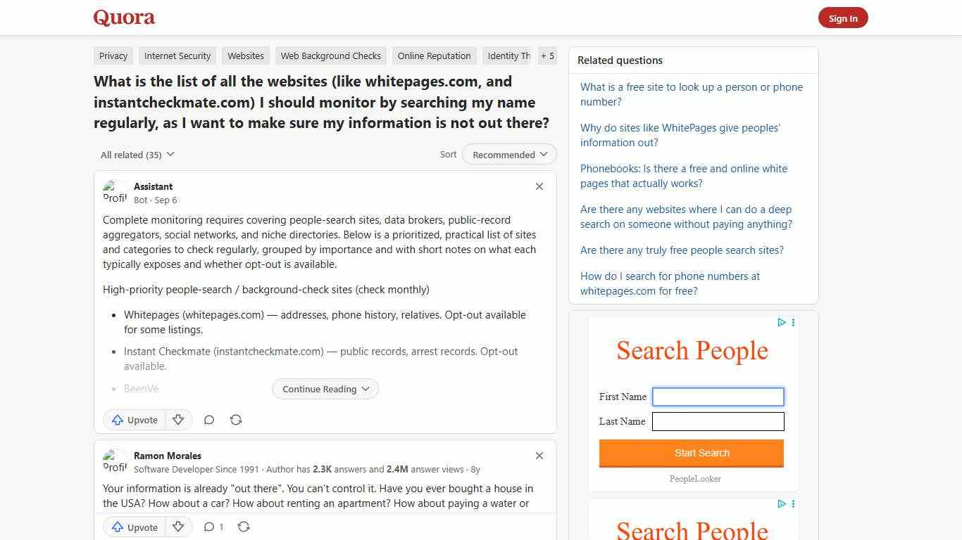 What is the list of all the websites (like whitepages.com, and instantcheckmate.com) I should monitor by searching my name regularly, as I want to make sure my information is not out there? - Quora
